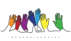 Different coloured hands raised with the word Neurodiversity beneath